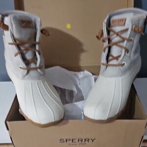 Sperry White and Tan Lace-Up Duck Boots